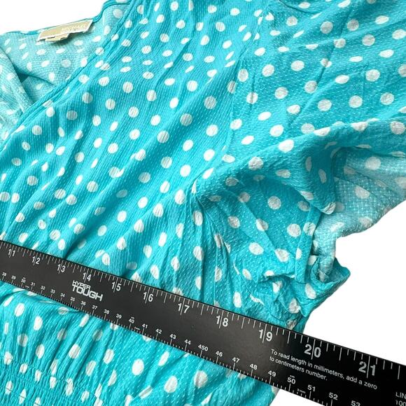 MICHAEL KORS Women's 3X Turquoise Georgette White Polka Dot Faux Wrap Midi Dress - Picture 7 of 8